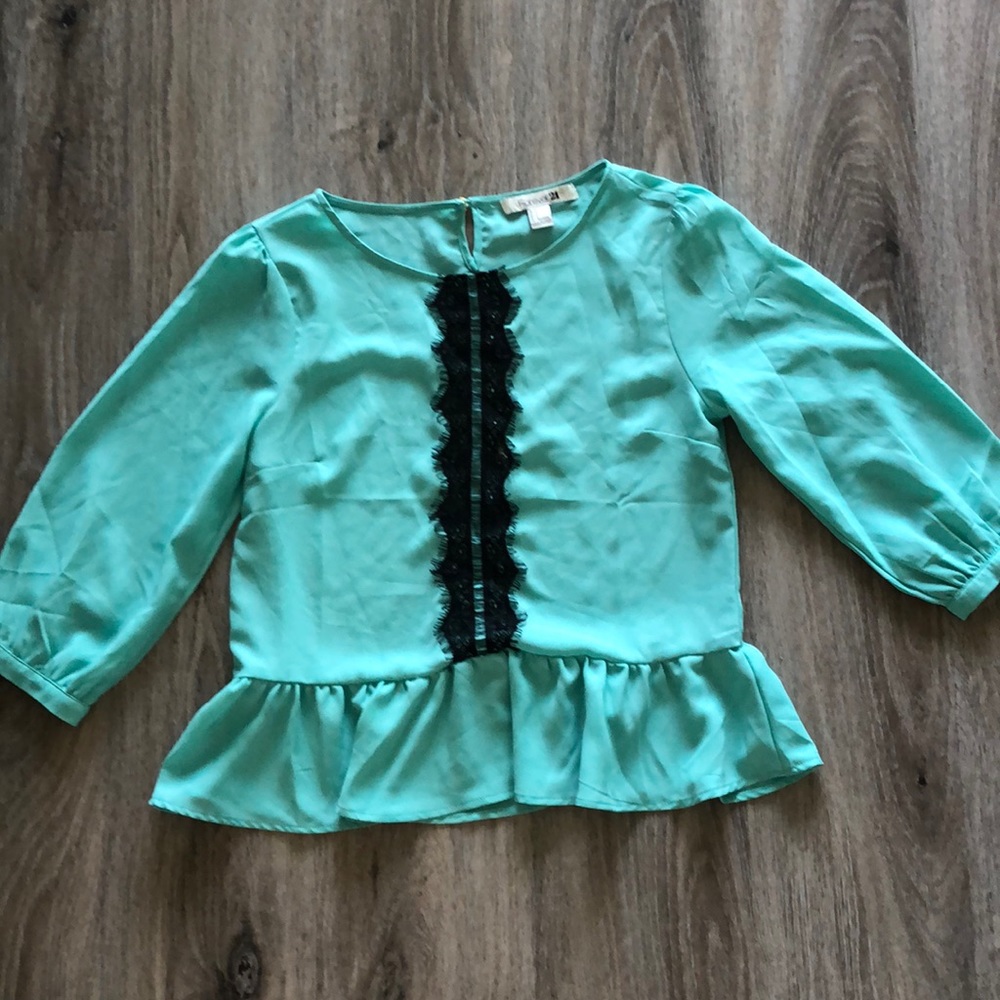 Mint blouse with black lace detail